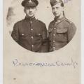 William McLeish with unidenified soldier wearing P.O.W. armband, date unknown, WWI