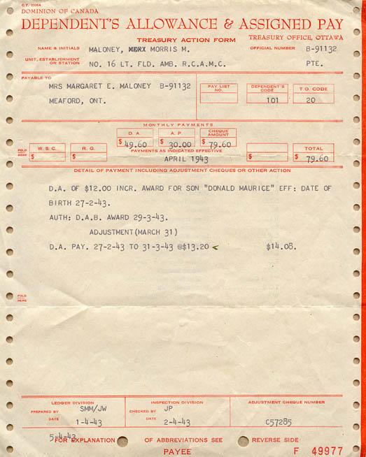 Dependent's Allowance and Assigned Pay sheet - 1943