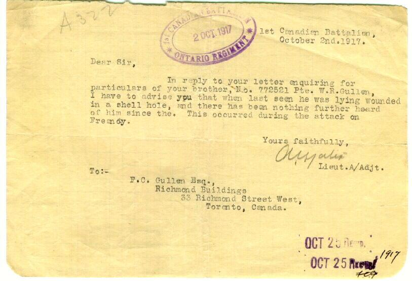 Official Letter form
Lieut A/Adjt regarding
Pte. Gullen's Missing In Action
October 2, 1917