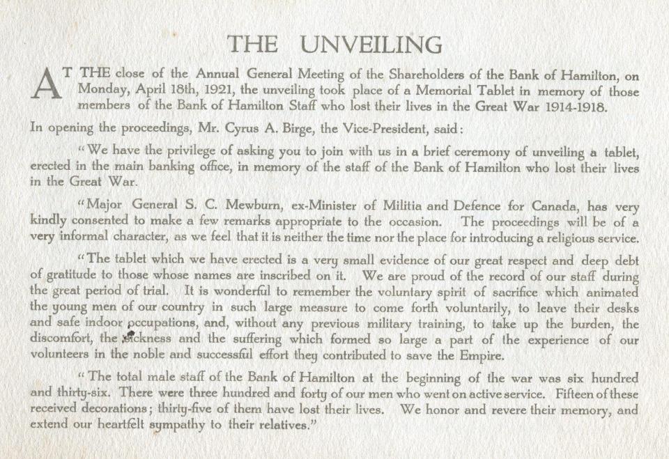 Bank Memorial
April 18th, 1921
Page 1