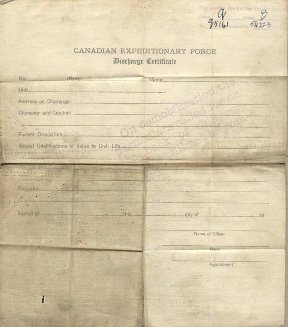 Discharge certificate, 1919, back.