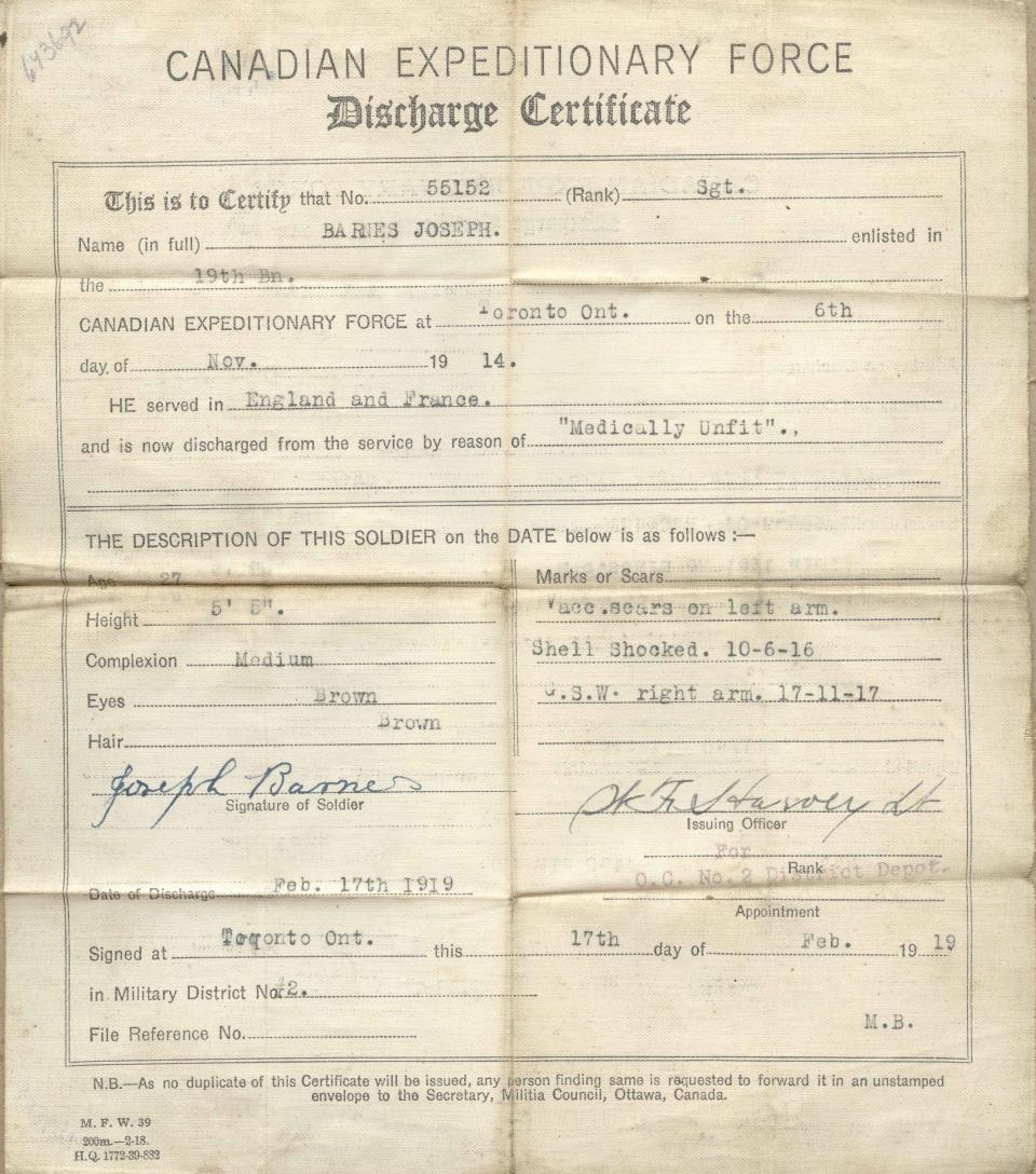 Discharge certificate, 1919, front.