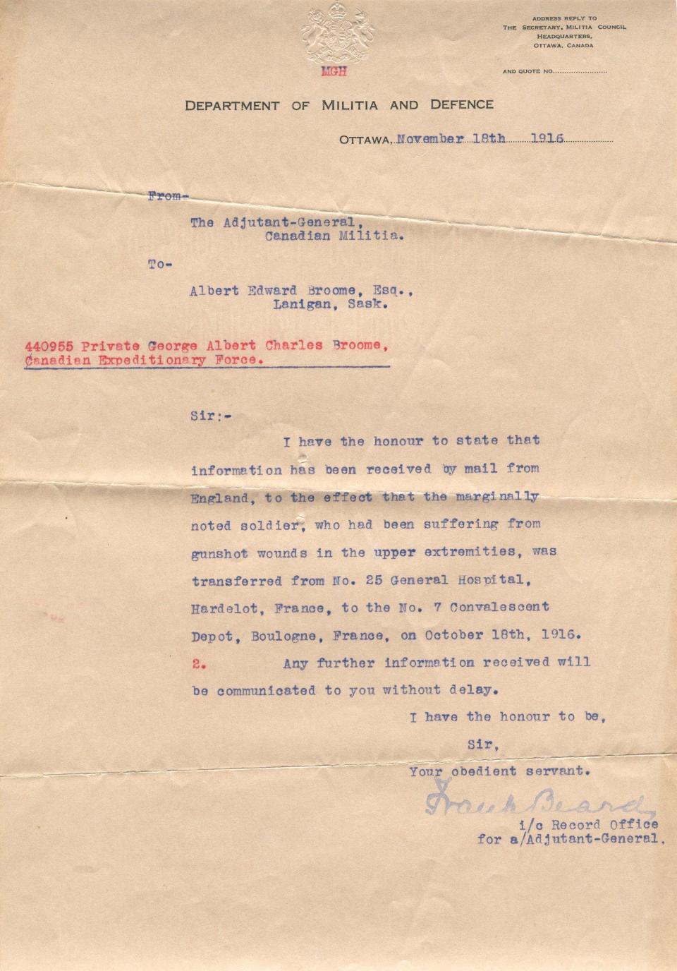 Letter from the 
Department of Militia and Denfence
About transferring Private Broome 
Nov. 18, 1916
