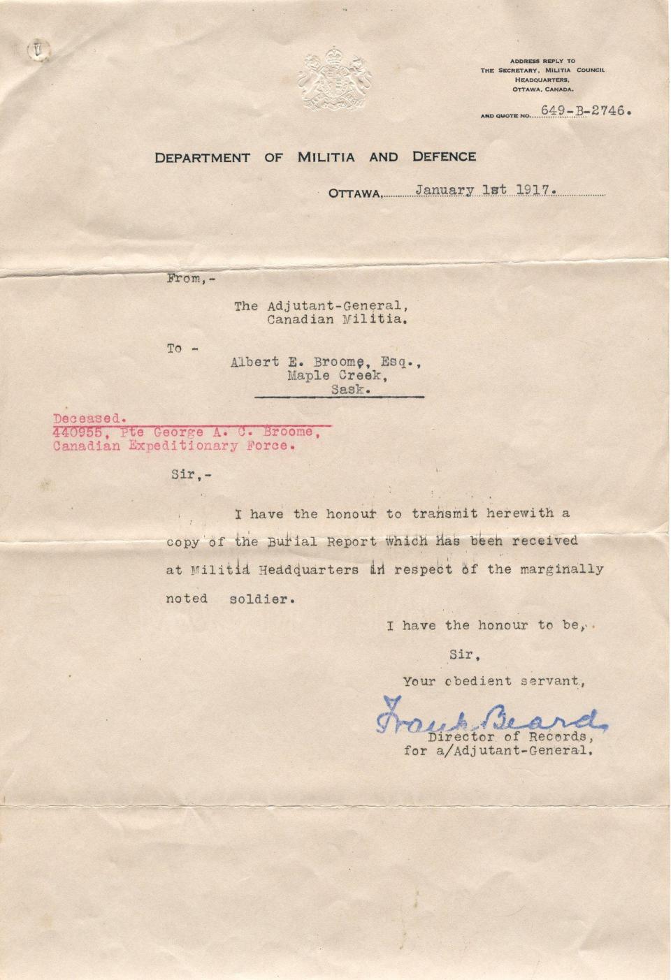 Letter from 
Department of Militia and Defence
of Burial Report
Jan. 1, 1917