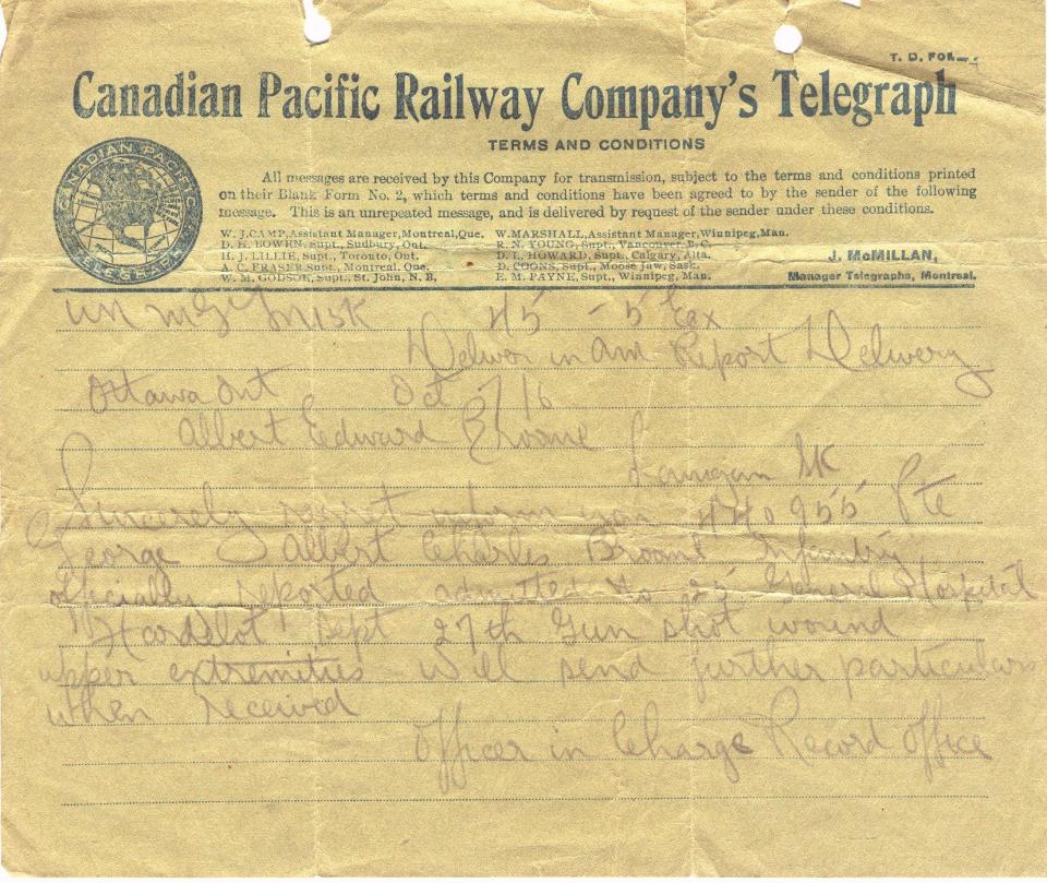 Canadian Pacific Railway
Company's Telegraph
Regarding admittance to hospital
Oct. 7, 1916