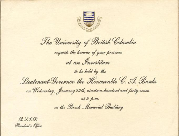 Investiture Invitation, January, 1947.