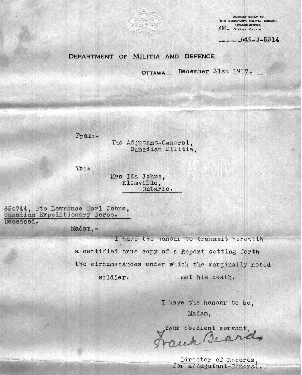 Department of Militia and Defence's Death Report for Lawrence Earl Johns