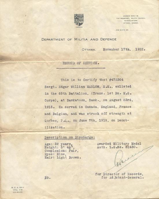 Nov 17, 1922, Record of Service