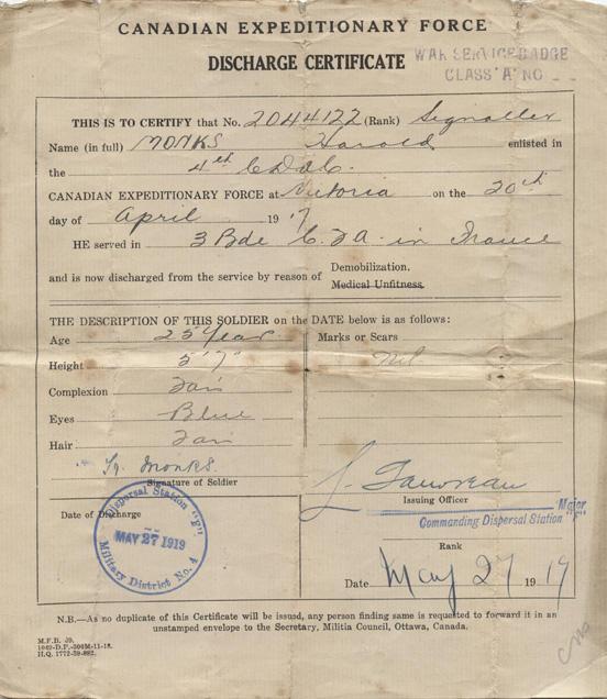 Monks discharge certificate front