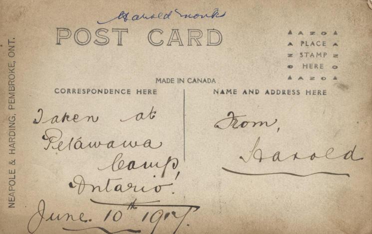 Monks postcard 1917.Petawawa13.back