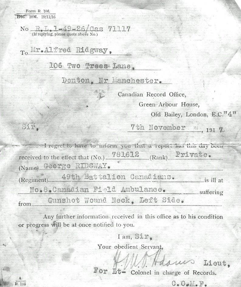 Letter to George Ridgeway's father regarding his son's wounding, 1917.