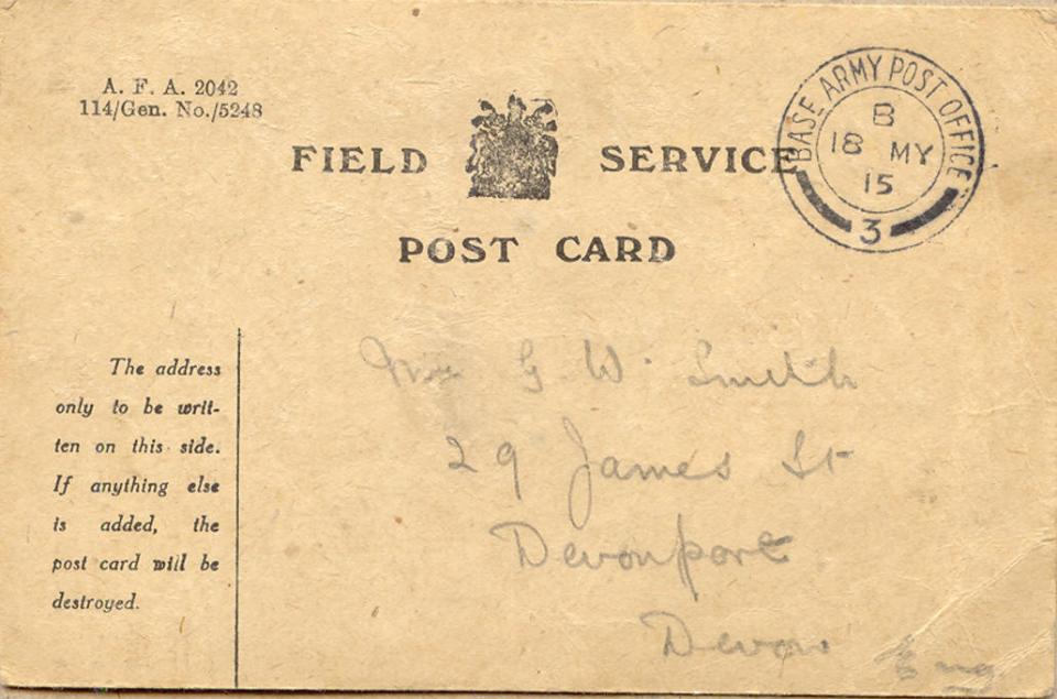 Back of postcard dated  May 16th 1915.