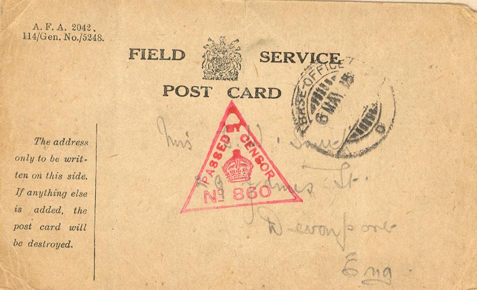 Back of postcard dated May 6th 1915.