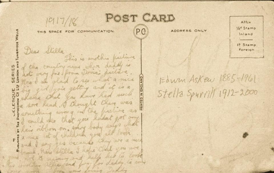 Postcard to his daughter, back, 1916-1917.
