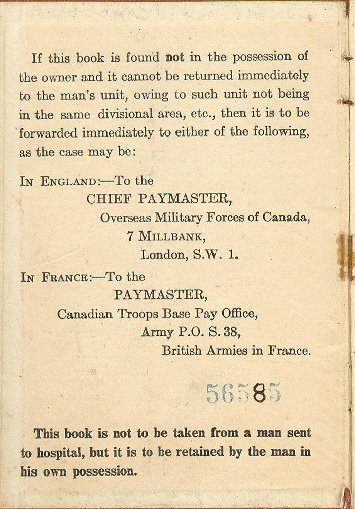 Inside cover of Paybook from August 1918.