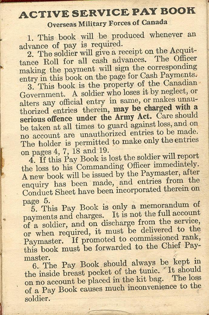 Active Service Paybook Regulations inside Paybook from August 1918.
