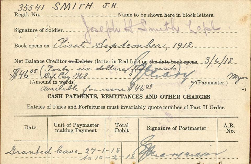 Page 7 of Active Service Paybook from August, 1918.