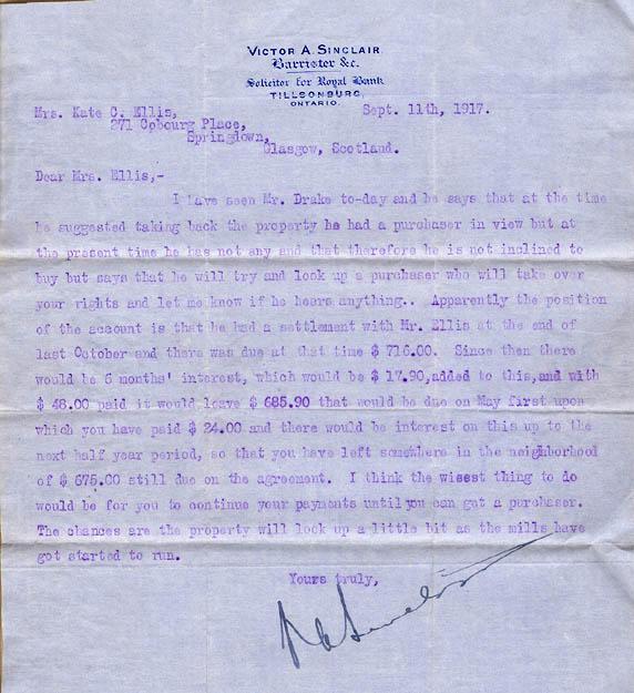 Letter from Barrister
Regarding House and Property
In Ontario
Septemeber 11, 1917