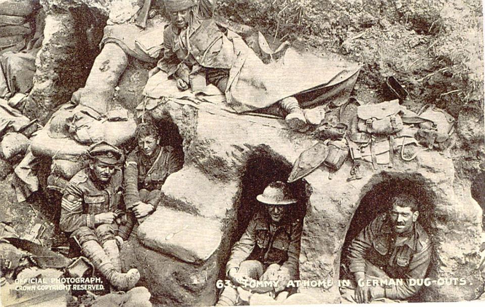 Front of Postcard with Tommy (British) at home in German Dug-Out.