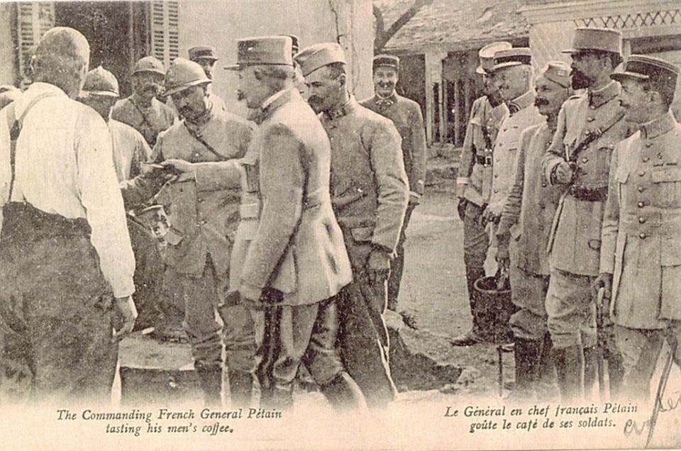Postcard of French General Petain tasting his men's coffee.