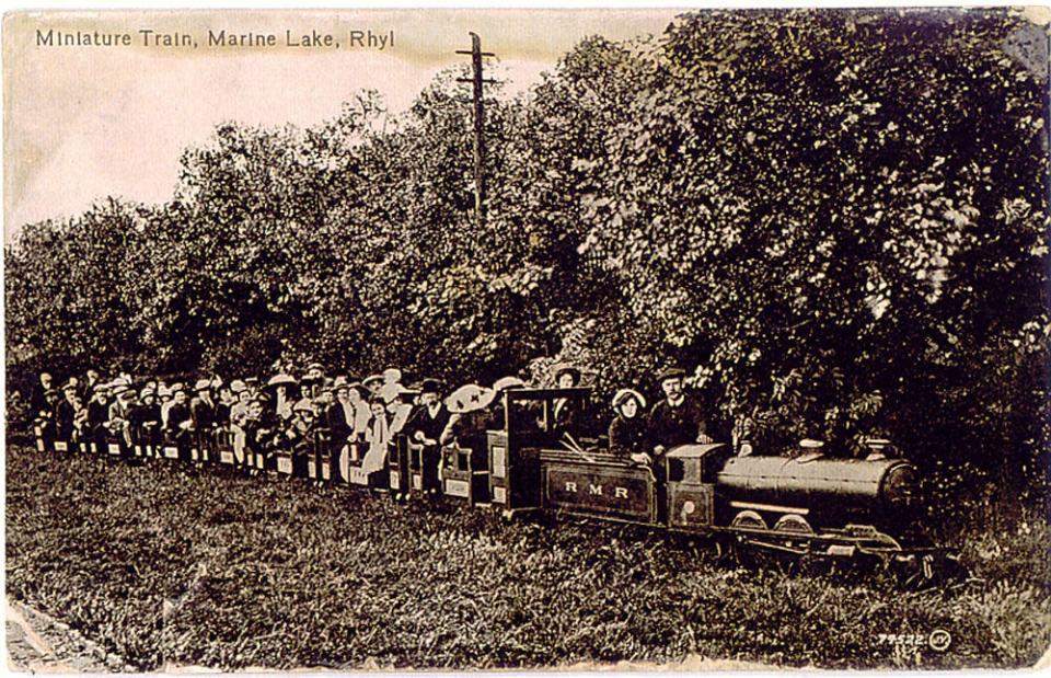 Front of post card featuring Miniature Train, Marine Lake, Rhyl.