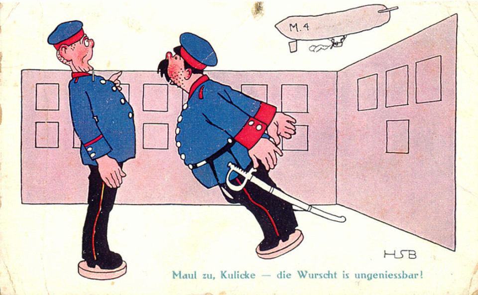 Front of German post card: "Maul zu Kulicke-die wurscht is ungeniessbar!" (Maul to Kulicke,the sausage is inedible!)