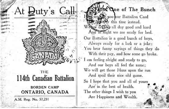 Front of Postcard of the 114th Battalion