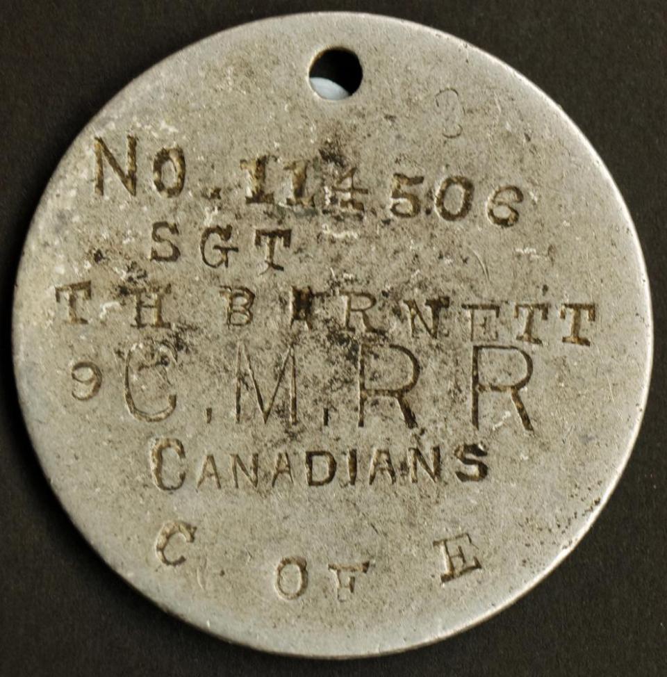 WWI Aluminum Identification Disk / ID Tag (aka “dog tag”) for Sgt. Barnett C.M.R. Regt.