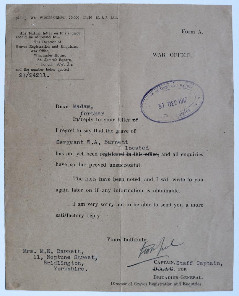 Letter from Director of Graves Registration and Enquiries, U.K., 1917
