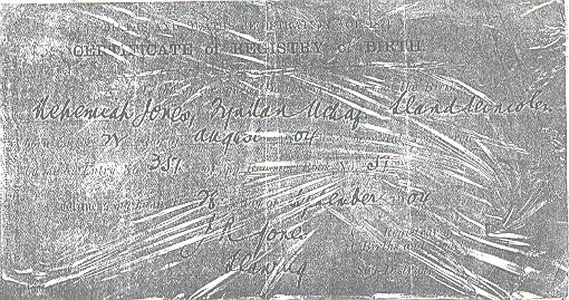 picture, Jones,David birth certificate, August 1904.