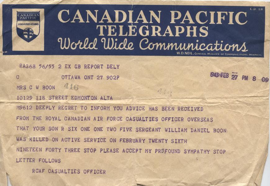 William Daniel Boon. February 27, 1943. Telegram. 