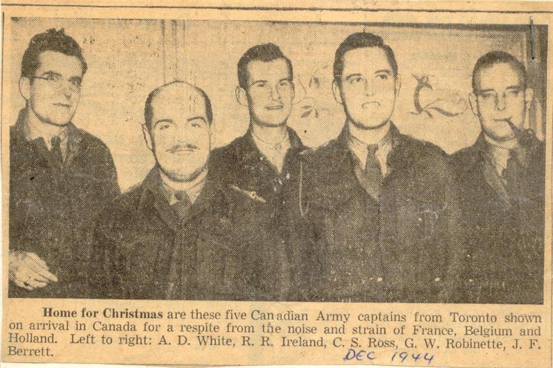 Newspaper clipping, Colin Ross (centre) was one of five officers profiled when they were granted leave to come to Canada for Christmas. December 16,1944