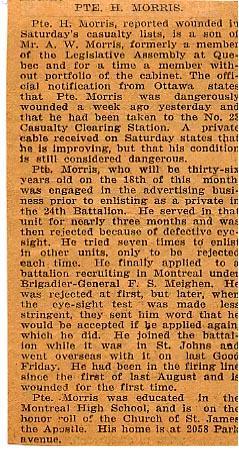 #2 Newspaper Clipping
Pte. Harry Morris 
Reported Wounded