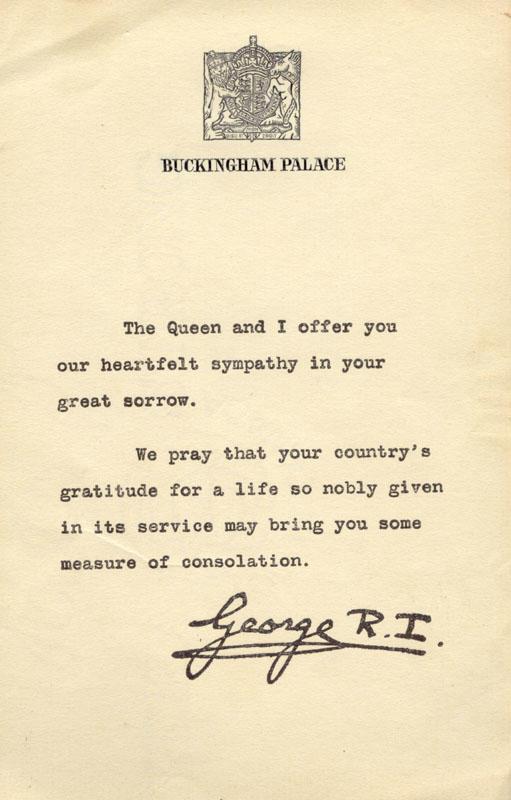 Condolences from Buckingham Palace -
His Majesty the King and Queen of England