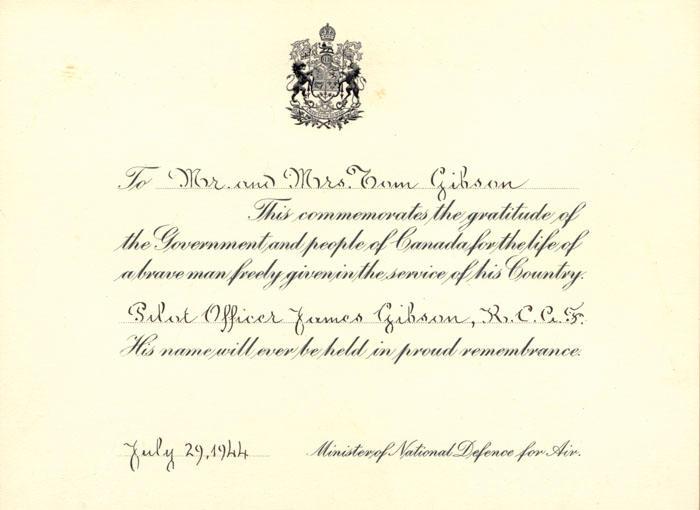 Official Condolence Card
Given by the Minister of
National Defence for Air on behalf
of all Canadians