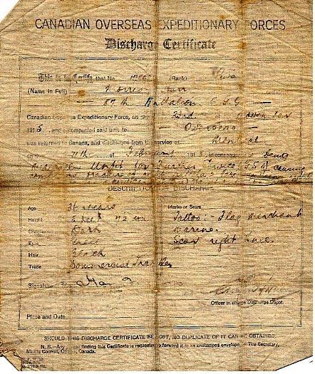 Canadian Overseas
Expeditionary Forces
Discharge Certificate
February 11, 1918