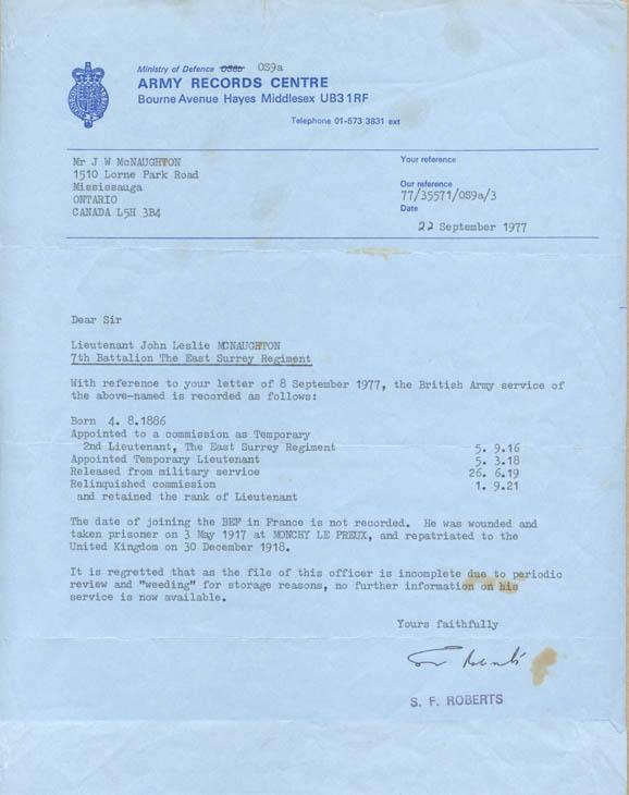 Army Records Centre
Regarding information on
Lieutenant John Leslie McNaughton
September 22, 1977
