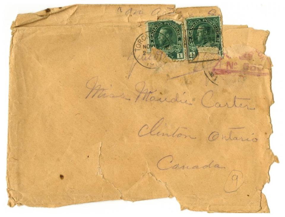#06-envelope: Mailing envelope of  the souvenir silk postcard, November 1915; back (not shown) is blank.