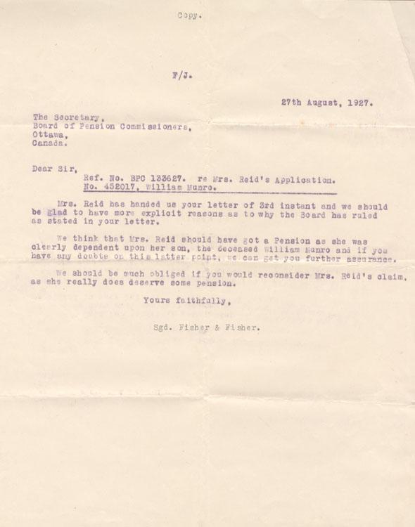 Letter from the 
Board of Pensioner Commissioners
Regarding Mrs. Reid 
(William Monro's Mother)
Receiving William's pension.
August 27, 1927