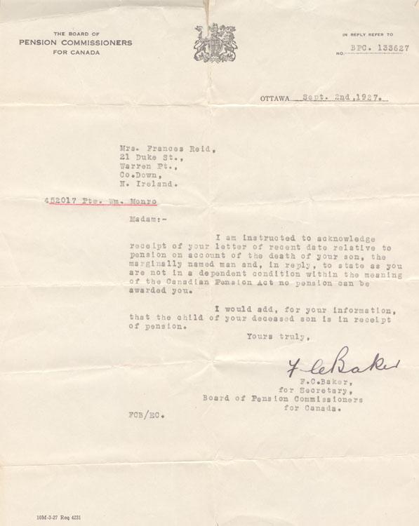 Letter from the 
Board of Pensioner Commissioners
Regarding Mrs. Reid (William Monro's Mother)
Receiving William's pension.
September 2, 1927