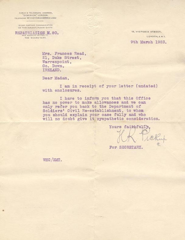 Letter to  
Mrs. Reid (William Monro's Mother)
Regarding Repartation.
March 9, 1923