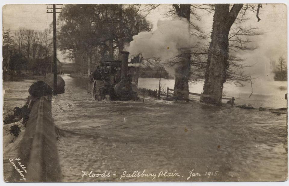 Vehicle attempting to navigate floodwaters, Salisbury Plain Floods, England 1915