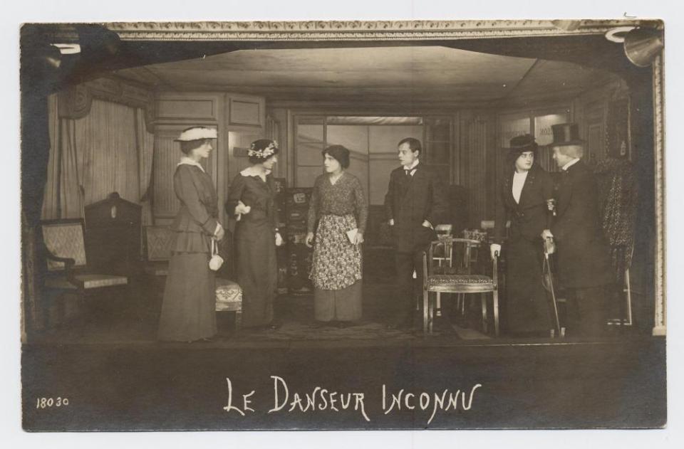 Actors on stage performing “Le Danseur Inconnu,” German P.O.W. Camp Rennbahn, 1918, WWI