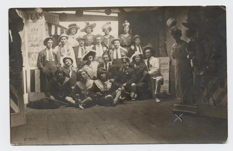 Complete cast of theatre production “Roll on Blighty,” German P.O.W. Camp Rennbahn, 1918, WWI