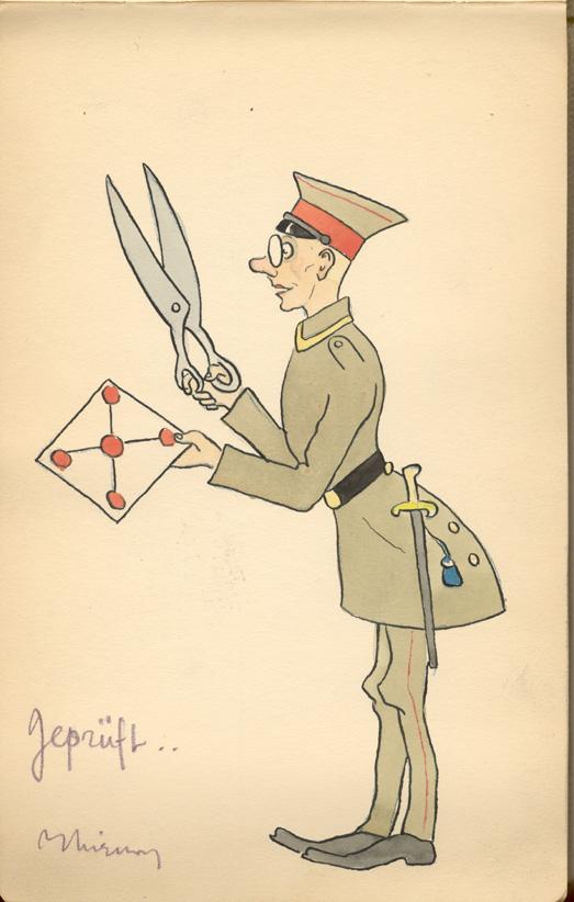 Cartoon of German censor holding scissors & envelope, Heidelberg P.O.W. Germany, Aug. 1916, WWI