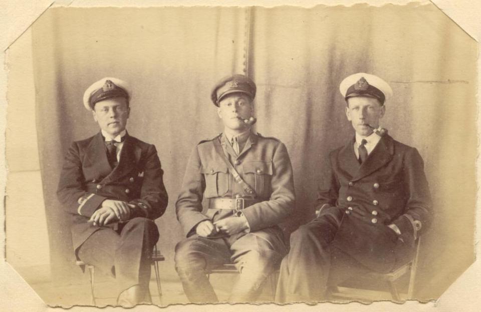 Three unidentified officers at Heidelberg P.O.W. Camp Germany, Aug. 1916, WWI
