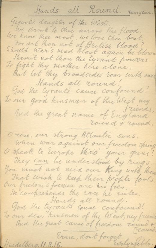 Tennyson's poem "Hands all Round" Heidelberg P.O.W. Camp, Germany, Aug. 1916, WWI