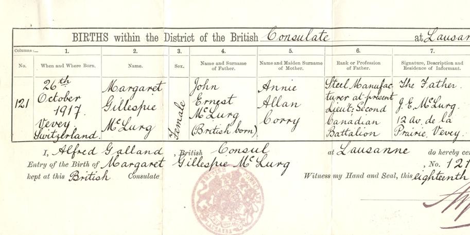 Registration of Birth of McLurg’s daughter, 1917 Mürren P.O.W. Camp, Switzerland, WWI, left side