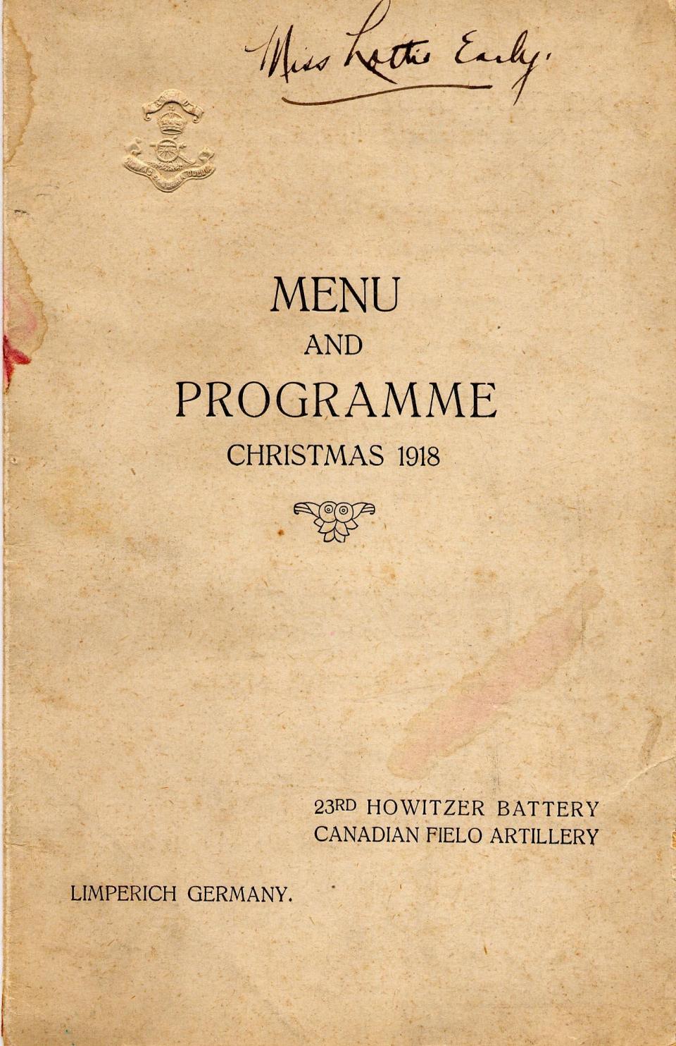 Menu and Programme Christmas 1918 for the 23rd Howitzer Battery