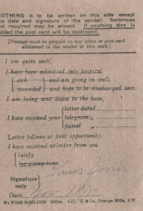 Norris, Louis. November 18, 1917. Back Postcard. 